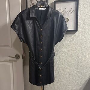 JustFab Black Faux Leather Shirt Dress